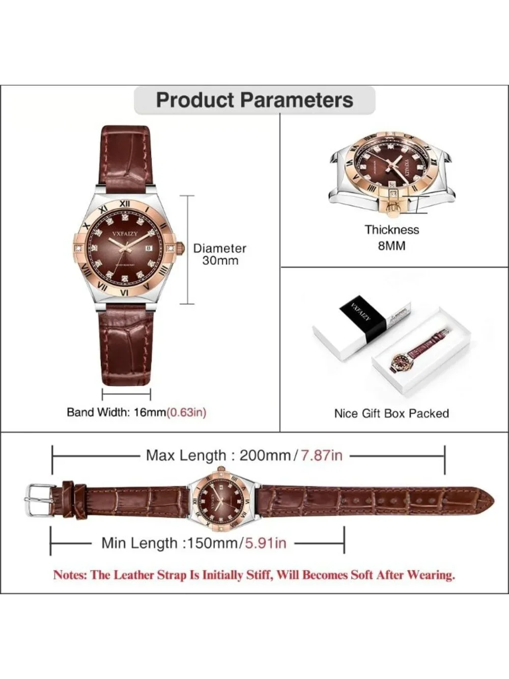 Women's Silver Brown Crystal Diamond Dial Genuine Leather Strap Wrist Watches